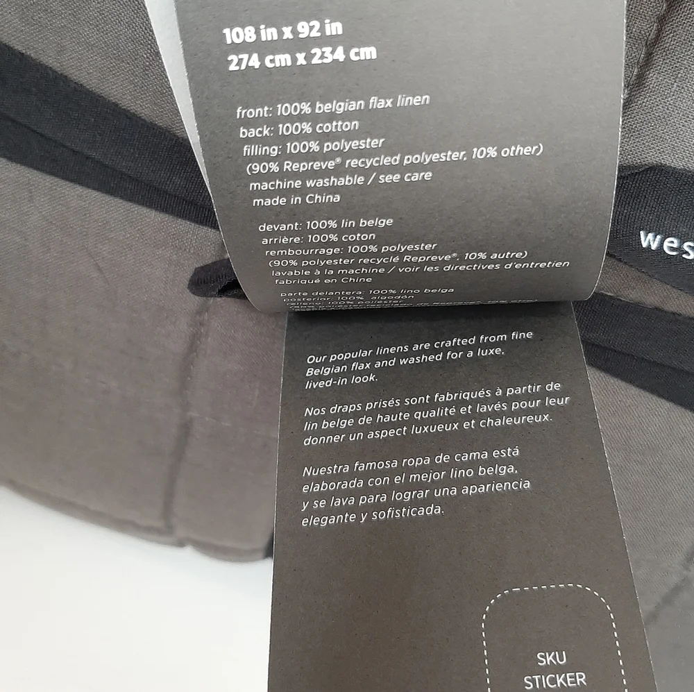 West Elm Belgian Flax Linen Frayed Edge King Quilt Slate